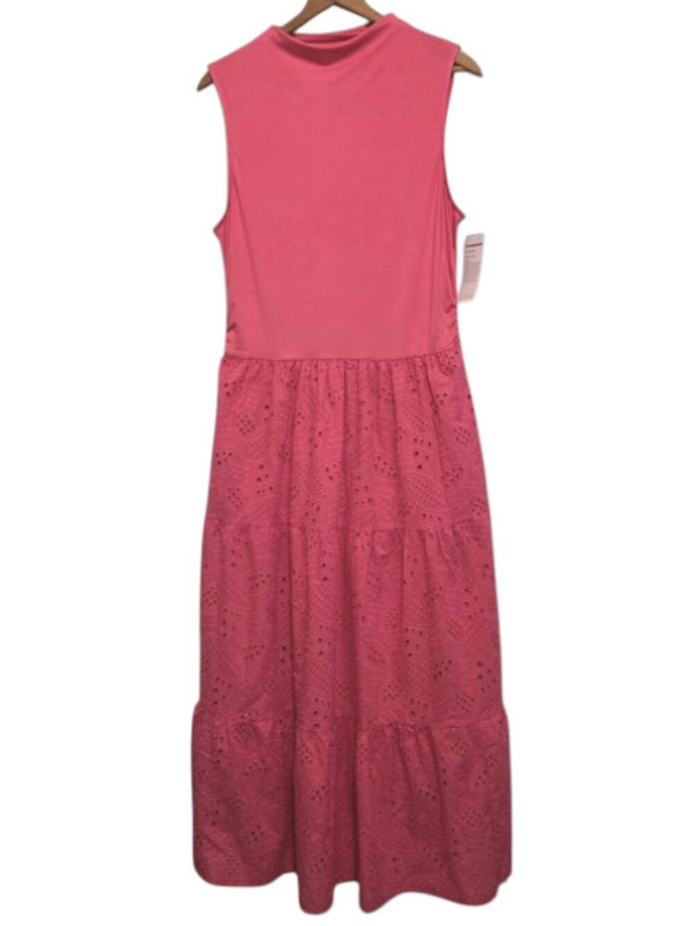 NWT Pretty Garden Hot Pink Eyelet Tiered Dress Ruched Tank Sleeveless Maxi Large - Picture 3 of 13